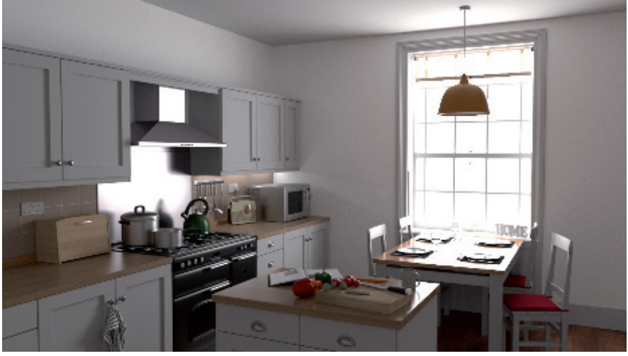 图11.3：路径追踪可以生成照片级逼真的图像，但是其计算成本较高。上面图像中的每个像素都使用了超过2000条路径（2000spp），每个路径长达64段（深度，即反弹次数）。它花费了两个多小时来进行渲染，但是仍然会表现出一些轻微的噪声。 [149]