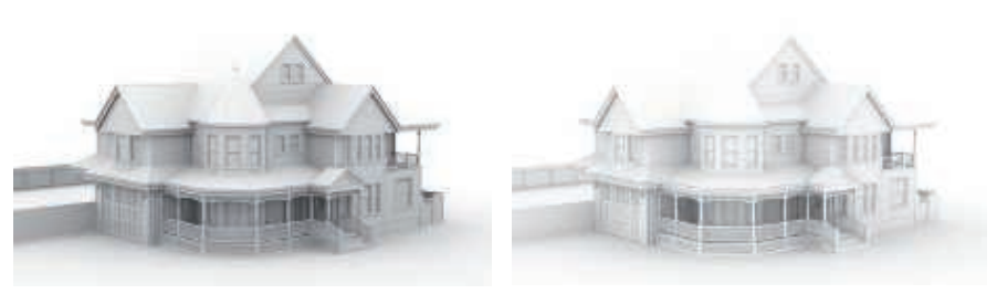 图11.10：不具有相互反射和具有相互反射的环境光遮蔽之间的区别。左侧图像只使用了可见性信息，右侧图像使用了一次反弹的间接照明。 [149]