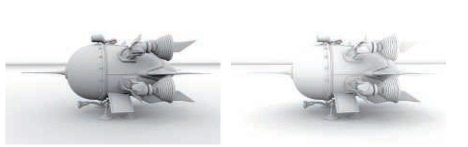 图11.9：环境光occlusion和环境光obscurance之间的区别。左侧图像的遮挡是使用无限长的射线进行计算的。右侧图像则使用了有限长度的射线。 [149]