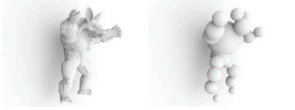 图11.13：这种方法生成的环境光遮蔽效果是模糊的，无法显示遮挡细节。可以使用更简单的几何表示来计算AO，这样仍然可以实现合理的效果。上图将一个犰狳模型（左）近似为一组球体（右）。在这两个例子中，模型在背后墙上投下的遮挡阴影几乎一样。