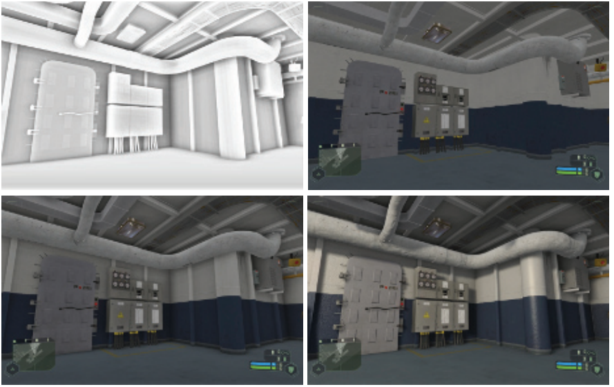 图11.15：左上角：展示了屏幕空间环境光遮蔽的效果。右上角：展示了没有环境光遮蔽的反照率（漫反射颜色）。左下角：将上述两者进行了合并。右下角：最终的渲染图像，添加了高光着色和阴影效果。