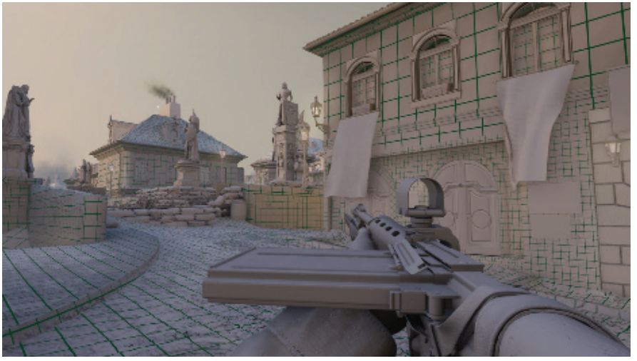 图11.23：《使命召唤：二战》使用AHD表示方法来编码光照贴图中光照的方向变化。图中展示的绿色网格用于在调试（debug）模式下可视化光照贴图的密度，其中的每个方块都对应了一个单独的光照贴图纹素。