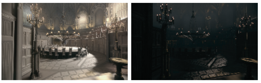 图11.24：《教团：1886》在光照贴图中存储了投影到一组球面高斯波瓣上的入射radiance。在运行过程中，使用radiance与余弦波瓣进行卷积来计算漫反射响应（左图），与适当形状的各向异性球面高斯进行卷积来生成高光响应（右图）。