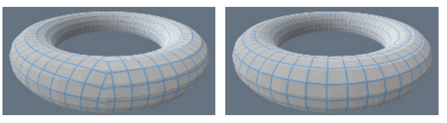 图11.29：为一个圆环体创建一个唯一的参数化表示，需要将其切割并展开。左边的圆环体使用了一个简单的映射方法，它在创建的时候并没有考虑在纹理空间中的接缝位置。上图中的一个蓝色网格就代表了一个纹素，请注意左侧纹素网格的不连续性。使用一些更加高级的算法，我们可以创建一个唯一的参数化表示，同时确保纹素网格在三维网格上保持连续，如右图所示。这种展开方法对于光照贴图而言是完美的，因为最终生成的光照效果不会显示出任何的不连续性。