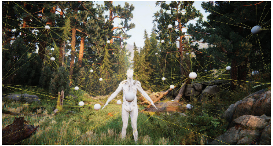 图11.30：Unity引擎使用了一个四面体网格，来从一组探针中插值出光照信息。