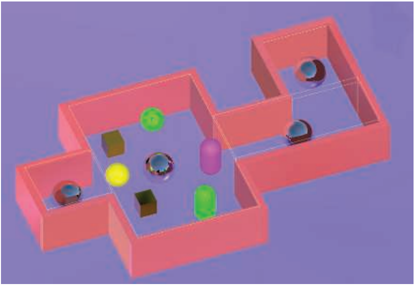 图11.36：一个简单的场景与局部反射探针。图中的反射球代表了探针的位置，淡淡的黄色线条代表了长方体形状的反射代理。请注意，代理的形状与场景的整体形状相 近似 。