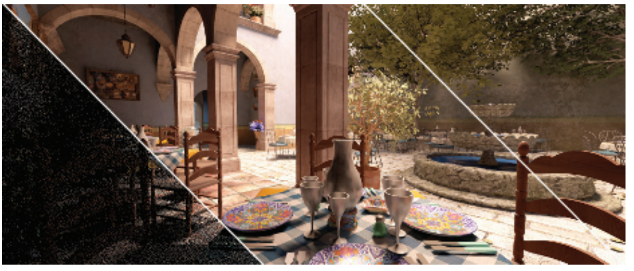 图11.42：时空方差引导滤波（spatiotemporal variance-guided filtering，SVGF）可以对每像素仅使用一个样本（1spp）的路径追踪图像（左）进行降噪处理，从而创建平滑的无瑕疵图像（中）。其质量与每像素使用了2048个样本的参考图像（右）相当。