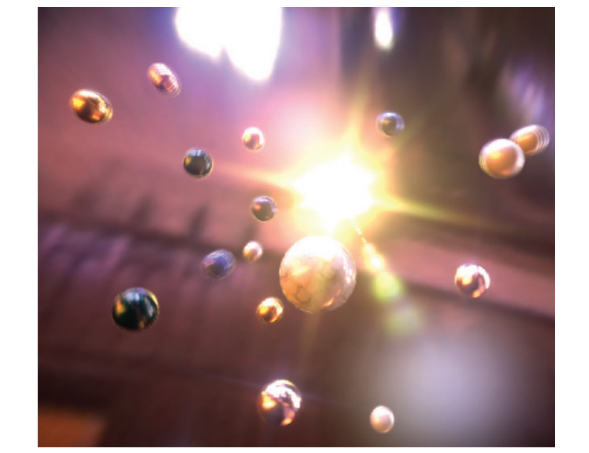 图12.7：镜头光晕、星状眩光和泛光效果，以及景深和动态模糊。请注意一些正在移动的球，其表面出现了频闪的现象，这是由于对独立的图像进行了累积。 [1208]