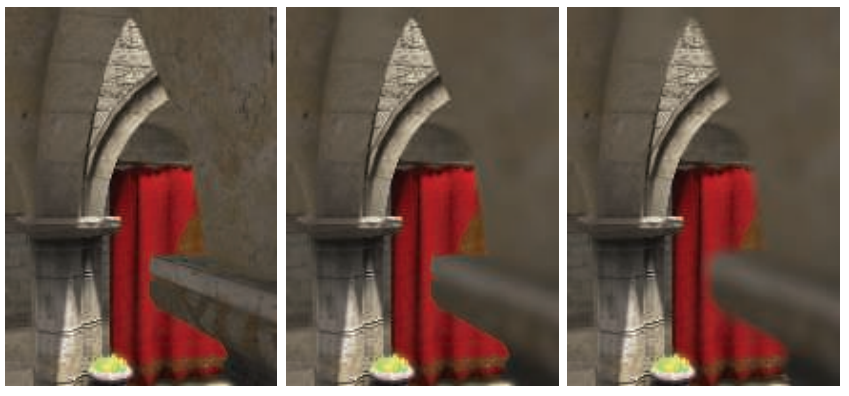 图12.13：近场模糊。左边是没有景深效果的原始图像。在中间，近场像素会被模糊，但是在靠近焦点场的区域会有一个清晰的物体边缘。右图展示了使用单独的近场图像，并将其叠加在较远内容上的效果，近场像素不仅会被模糊，同时也不会出现清晰的物体边缘。 [209, 1178]