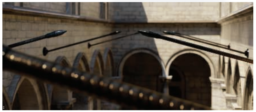 图12.16：近景深和远景深。在前景中，明亮的反射杆上存在五边形的散景。 [1408]