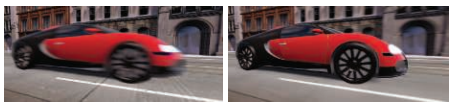 图12.17：在左边，相机是固定的，汽车是模糊的。在右边，相机跟随汽车，背景是模糊的。