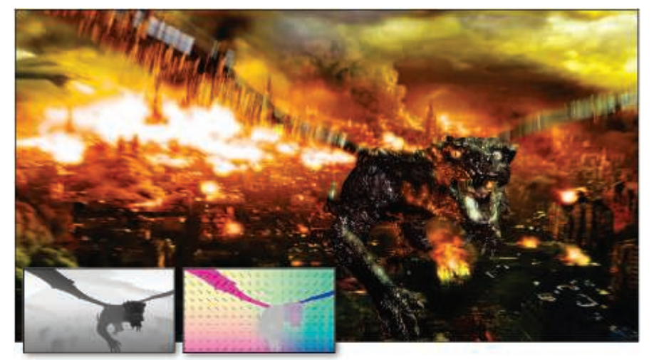 图12.20：运动模糊源自于物体和相机的相对运动。右下角展示了深度缓冲区和速度缓冲区的可视化结果。 [1173]