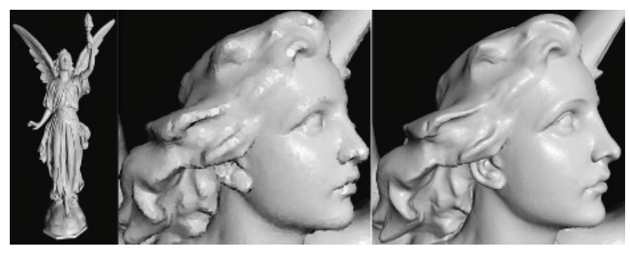 图13.22：这些模型使用了基于点的渲染方法，并使用圆形splat进行渲染。左图展示的是天使露西的完整模型，它包含1000万个顶点。然而，在实际渲染中只使用了大约300万个splat。中间和右边的图片放大了头部细节。中间的图像在渲染期间使用了大约4万个splat。当观察者停止移动时，结果会逐渐收敛成右侧的图像，它包含60万个splat。
