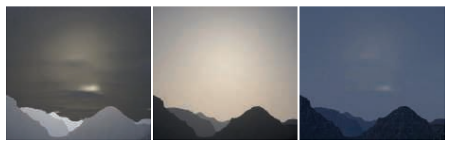 图14.32：对于完全覆盖天空的云，在渲染的时候需要考虑大气散射的影响 [743] 。左：没有应用在云上的大气散射，这样会导致不连贯的视觉效果。中：有大气散射，但是没有阴影，这样会使得环境显得太亮。右：云层遮挡了天空，影响了光线在大气中的散射，从而生成连贯的视觉效果。 [743]