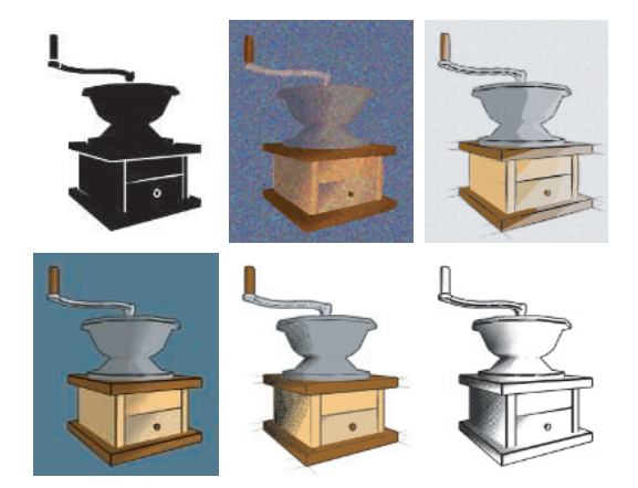 图15.1：应用于咖啡研磨机上的各种非真实感渲染风格。