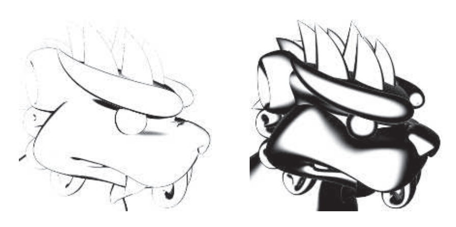 图15.6：当着色法线几乎垂直于观察方向时，可以使得该处的表面变暗，从而对contour边缘进行着色。通过增大衰减的角度，可以显示一个更厚的边缘。