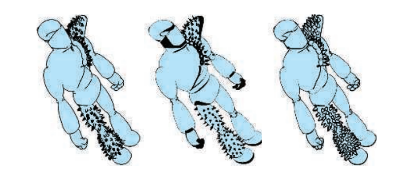 图15.9：使用边缘加粗线条、 z 偏移和扩展三角形算法进行渲染的背面contour边缘。由于细小特征的偏移问题，因此背面边缘技术往往会导致线条之间的连接性不佳，并且线条的粗细也不均匀。由于 z 偏移算法依赖于正面的倾斜角度，因此它所产生的边缘宽度并不均匀。 [1460]