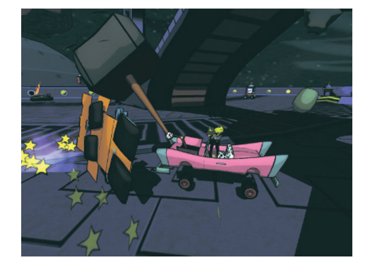 图15.11：这是来自游戏《Cel Damage》中的实时卡通风格渲染，它使用了背面外壳扩展来渲染contour边缘，以及显式的折痕边缘渲染。