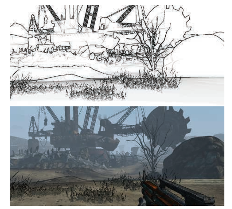 图15.13：对Sobel边缘检测进行了修改，并应用在了游戏《无主之地》中。最终发布的版本（并没有显示在这里）通过掩盖前景中草的边缘，来进一步改善外观表现。 [1761]