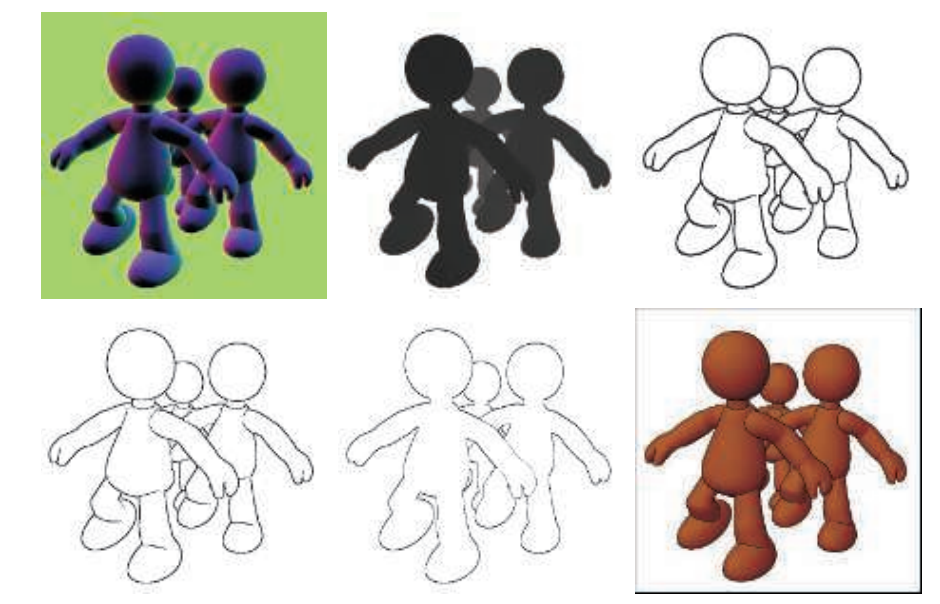 图15.14：对法线贴图（左上）和深度贴图（中上）中的值进行了Sobel边缘检测，生成的结果分别展示在左下和中下。右上的图片是经过膨胀处理的加粗结果。右下角的最终渲染结果使用了Gooch着色，并将生成的边缘图片叠加在其顶部。