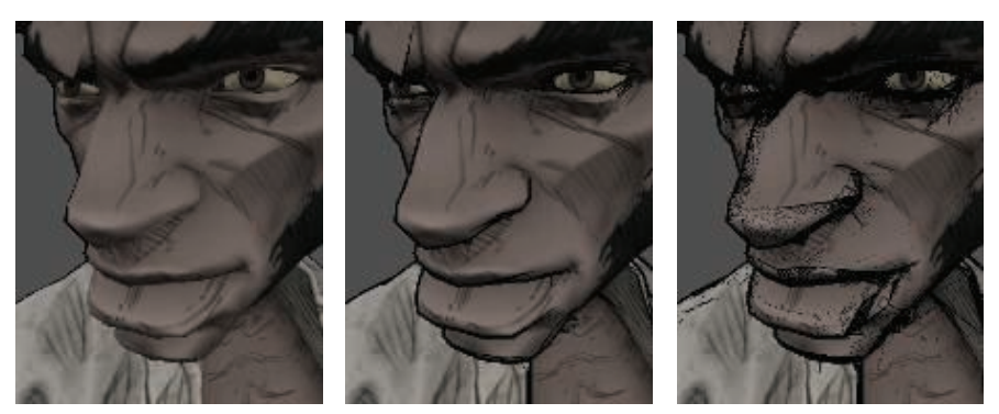图15.15：各种边缘方法。图中的褶皱等特征边缘属于纹理的一部分，它们是由艺术家事先添加的。人物角色的silhouette边缘则是通过背面扩展而产生的。contour边缘是利用图像处理中的边缘检测生成的，它可以设置不同的权重。左图中contour边缘的生成权重很小，因此这些边缘显得很模糊。中间则展示了一些轮廓，尤其是鼻子处和嘴唇处的contour边缘。右图中所使用的权重过大，因此产生了一些瑕疵 [250] 。