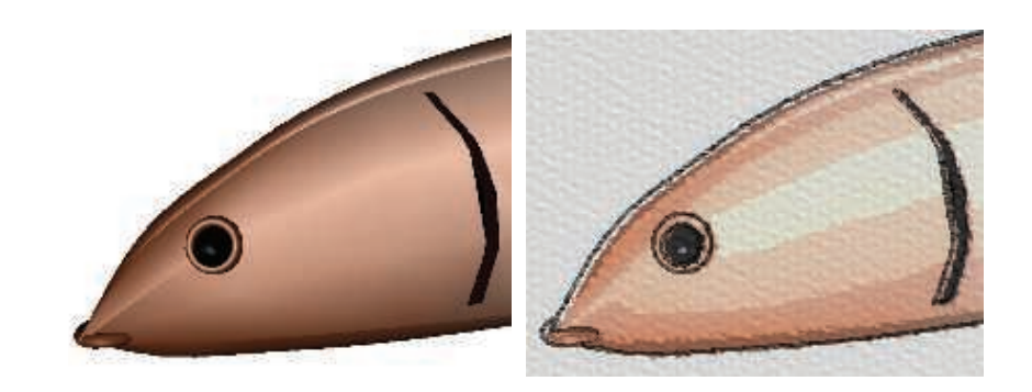 图15.16：左边展示了这个鱼模型的原始渲染图，通过边缘检测、色调分离、噪声扰动、模糊处理和混合操作，将生成的结果叠加在左图上，最终产生了右图中的效果。