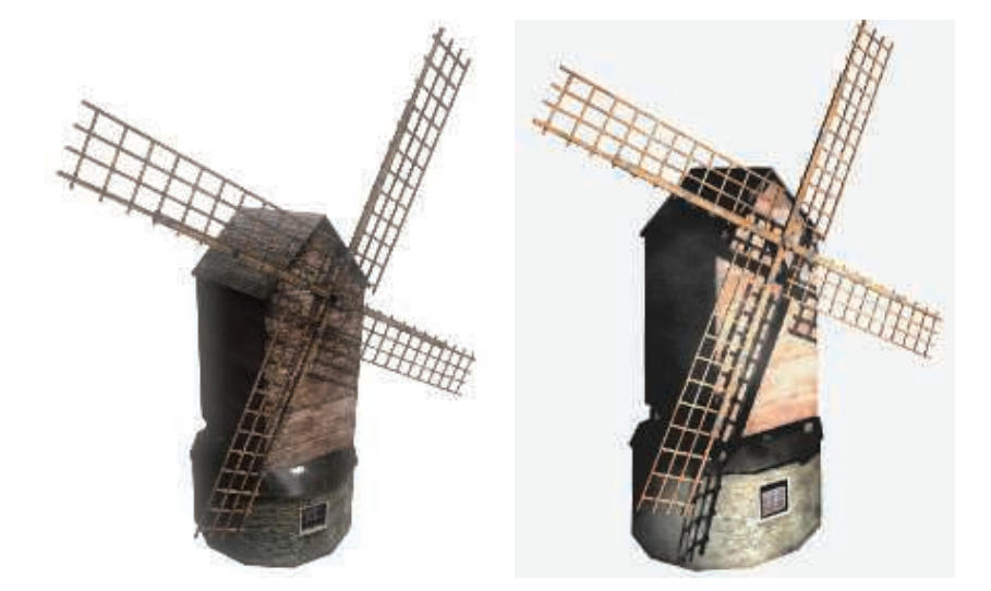 图15.17：左边是一个标准的真实感渲染结果。在右边，通过使用均值偏移颜色匹配来软化水彩纹理，并增加了对比度和饱和度，以及其他的一些技术，最终实现了水彩风格的渲染效果。