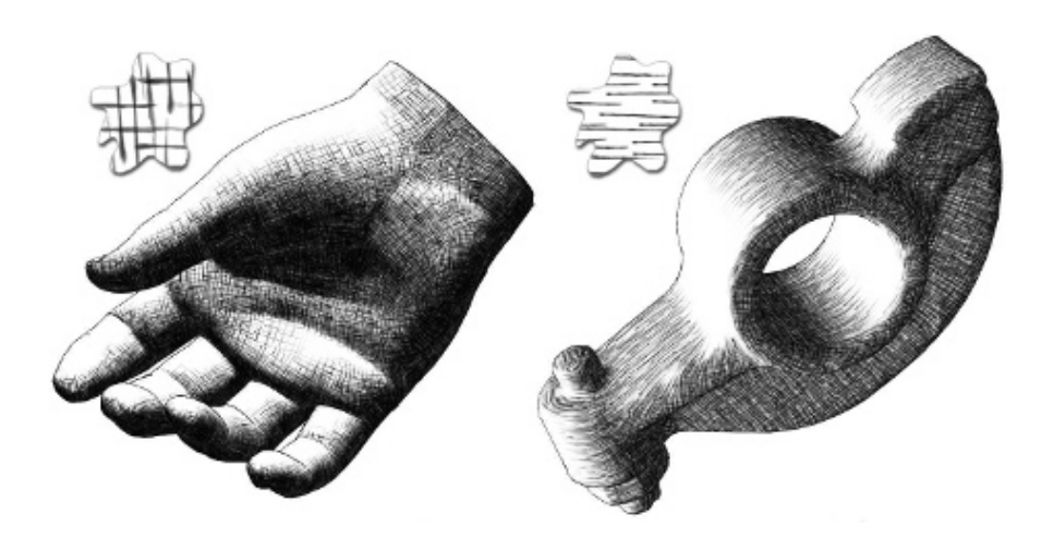 图15.22：使用色调艺术贴图（TAM）进行渲染的两个模型。左上角的样本展示了用于渲染该模型所使用的重叠纹理图案。