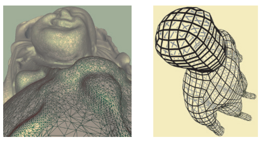 图15.24：使用像素着色器生成的线条。左边是抗锯齿后的单像素宽度边缘；右边是带有光晕的可变粗细线条。