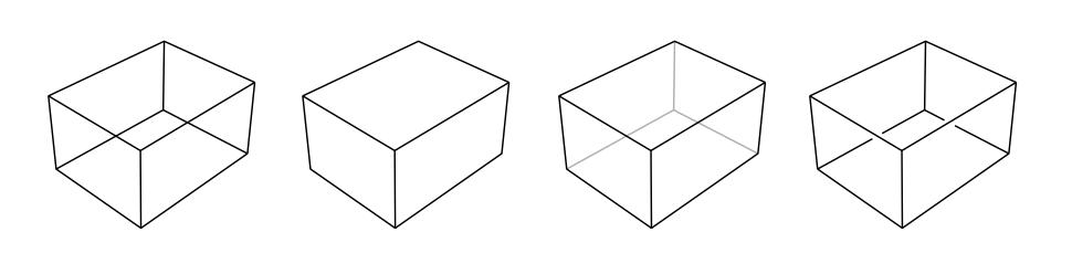 图15.25：四线不同的线条渲染风格。从左到右分别是：线框、隐藏线条、模糊线条，光晕线条。