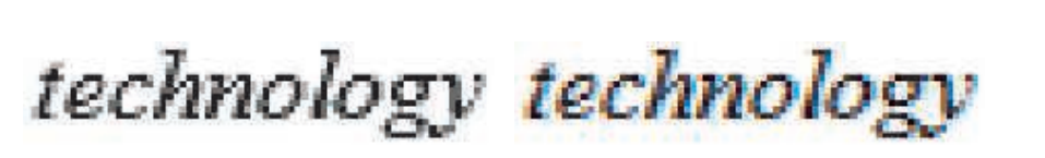 图15.26：同一个单词，分别使用了灰度抗锯齿（grayscale antialiasing）和亚像素抗锯齿（subpixel antialiasing）。当一个彩色像素显示在LCD屏幕上的时候，构成该像素的彩色、垂直亚像素矩形将会被点亮。这样做可以提供额外的水平空间分辨率。