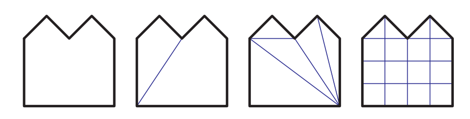 图16.1：各种类型的曲面细分。第一个多边形没有进行细分；第二个多边形被划分为凸区域；第三个多边形被三角化；第四个多边形则被均匀网格化。