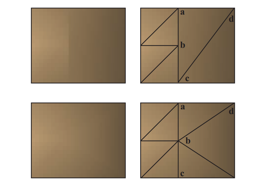 图16.9：在第一行中，表面的底层网格显示出了着色不连续的现象。顶点 \mathbf{b} 是一个T顶点，因为它属于左侧的三角形，而并不属于三角形 \mathbf{acd} 中的一部分。一种解决方案是将这个T顶点添加到这个三角形中，并创建两个新的三角形 \mathbf{abd} 和 \mathbf{bcd} （图中未显示）。细长的三角形会容易引起其他的着色问题，因此对其进行重新三角形划分通常是一个更好的解决方案，如第二行所示。