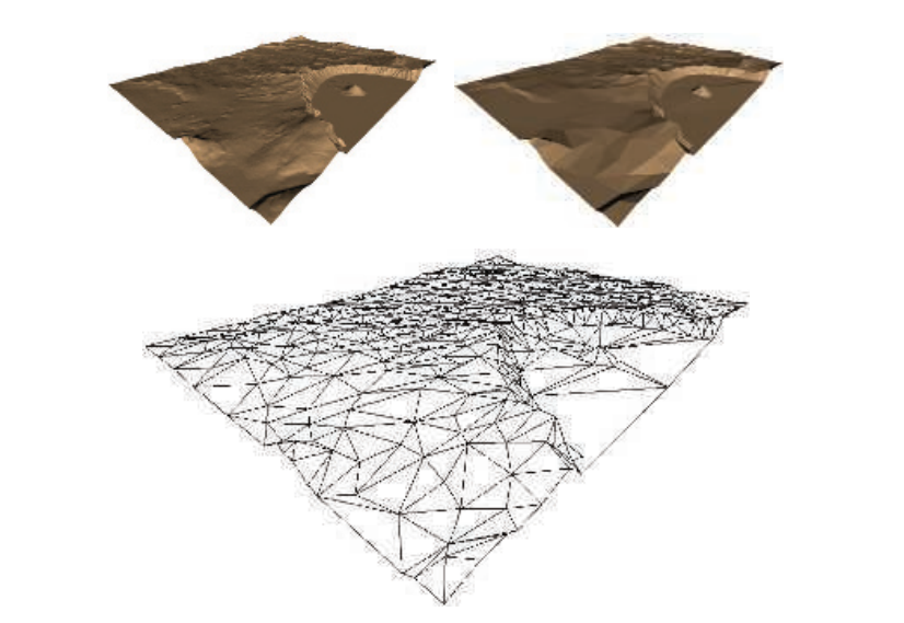 图16.16：左上角是一个火山口湖的高度场，它由20万个三角形渲染而成。右上角的图展示了该模型在不规则三角网（triangulated irregular network，TIN）中简化为1000个三角形。底部展示了简化之后的网格。