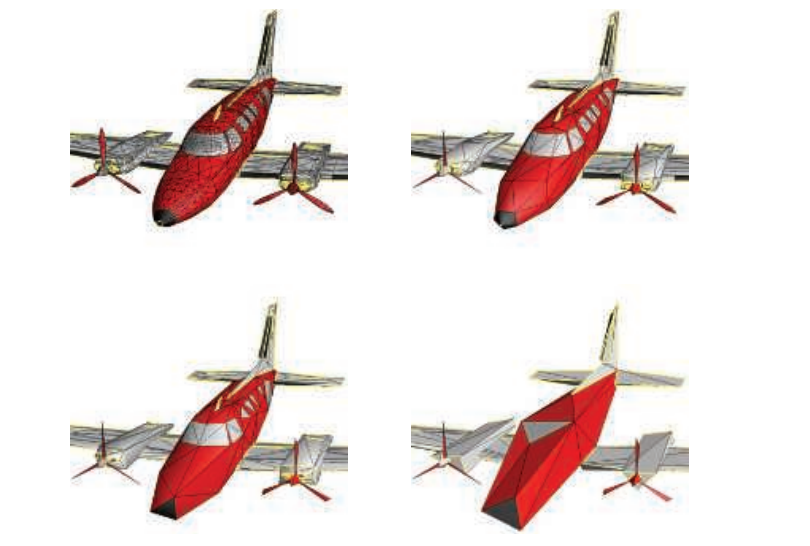 图16.20：网格简化。左上角是包含13546个面的原始网格，右上角被简化为1000个面，左下角为500个面，右下角为150个面 [770] 。