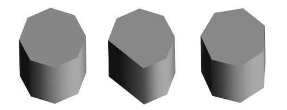 图16.22：对称问题。左侧的圆柱体包含10个平面（包括顶部和底部）。中间的圆柱体包含9个平面，其中有1个平面被自动简化移除了。右侧的圆柱体仍包含9个平面，并由建模软件的faceter重新生成。