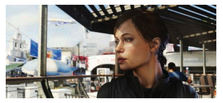 图17.1：《使命召唤：高级战争》中的一个场景，其中角色Ilona的面部是使用Catmull-Clark细分表面和自适应四叉树算法（ 章节17.6.3 ）进行渲染的。