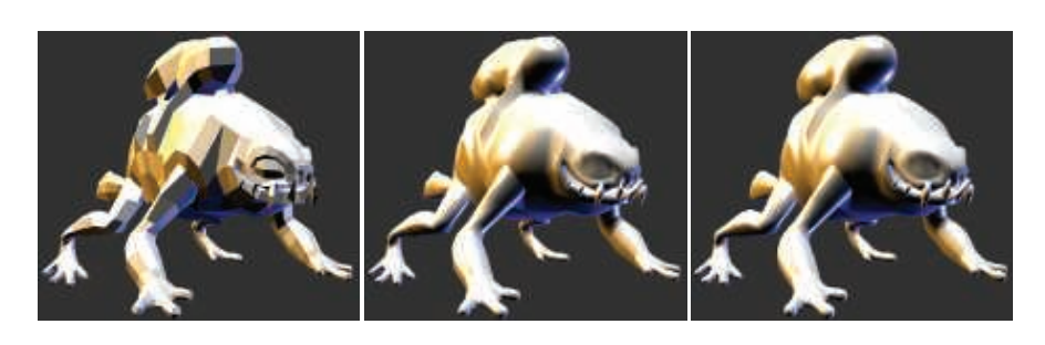 图17.32：对这个怪物蛙模型使用了Phong曲面细分。从左到右分别是：基础网格的平面着色；基础网格与Phong着色；对基础网格应用Phong曲面细分。请注意轮廓的改进程度。在这个例子中，我们使用了 \alpha = 0.6 。