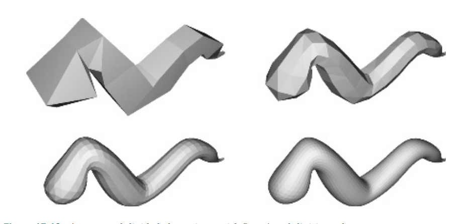 图17.46：采用Loop细分方案对这个蠕虫进行三次细分。