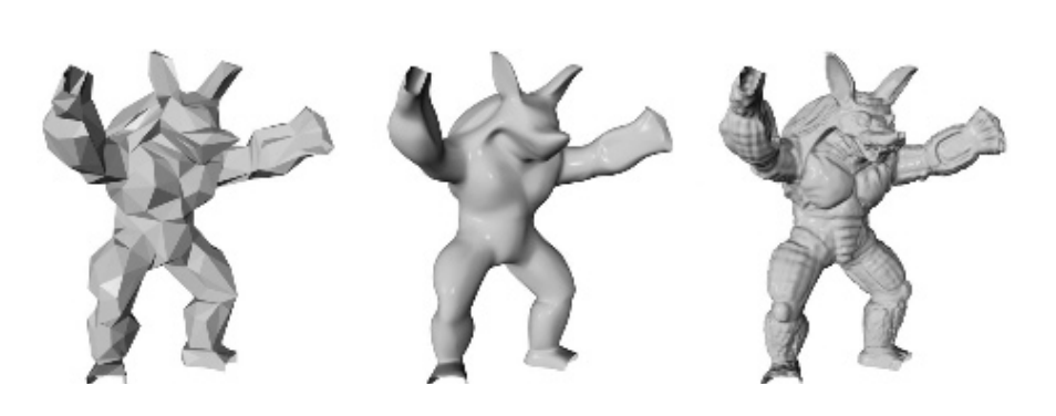 图17.52：左边是一个粗糙的控制网格。中间采用了Loop细分方案进行细分。右边展示了位移细分表面。