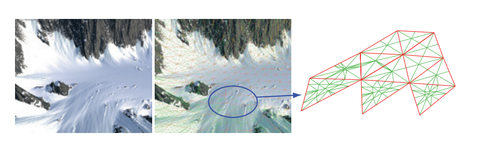 图17.58：位移地形使用自适应分数曲面细分进行渲染。从右侧放大的网格中可以看到，红色三角形的边缘使用了独立的分数曲面细分因子，这实现了自适应的曲面细分。