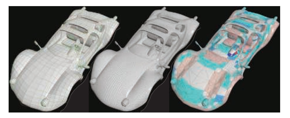 图17.68：左：控制网格的线框使用绿色线条和红色线条进行表示，表面使用灰色进行表示（8k个顶点），其中的红色线条是使用一个细分步骤生成的。中：网格进行了额外两个步骤的细分（102k个顶点）。右：使用自适应曲面细分生成的表面（28k个顶点）。