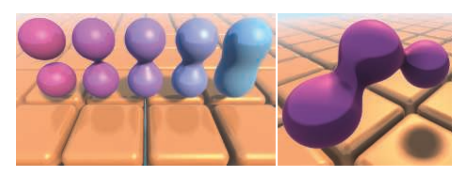 图17.35：左：每对球体以不同的混合半径进行混合，混合半径从左到右递增；地面由重复的圆角方框所组成。右：将三个球体混合在一起。