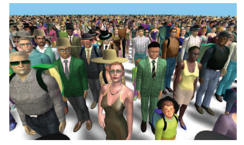 图18.4：人群场景。使用实例化可以最小化所需的draw call数量。同时还使用了LOD技术，例如将远距离的模型渲染为impostor。 [1107, 1108]