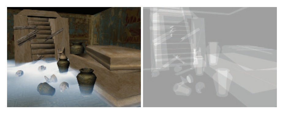 图18.5:左边是场景的渲染图,右侧展示了该场景的深度复杂度。