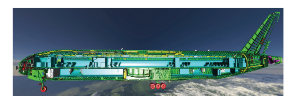 图19.1:一个“简化”的波音飞机模型,只有3.5亿个三角形,使用光线追踪进行渲染。通过使用用户定义的近裁剪平面来实现切片效果。