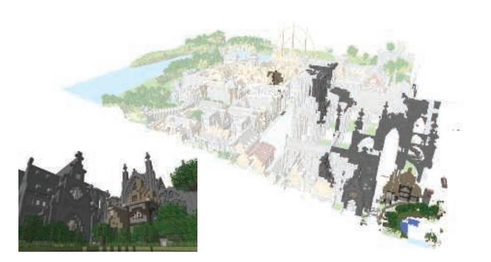 图19.19:《我的世界》中的一个场景,叫做Neu Rungholt,观察者位于图中的右下角位置,在那里我们可以看到遮挡剔除的可视化。浅色的几何体代表会被剔除,而深色的几何体则代表会被渲染。左下角展示了最终渲染出的图像。