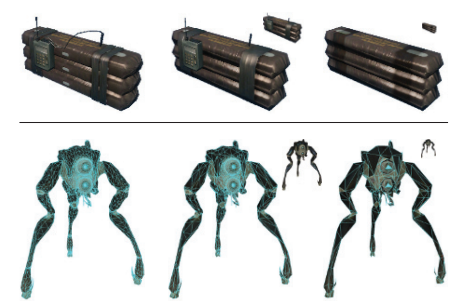 图19.26:图中展示了C4炸药模型(上)和猎人模型(下),以及三个不同的LOD。在较低的LOD上,一些元素会被简化或者完全删除。图中右上角的嵌入图像,展示了可以使用这个简化模型的相对尺寸。