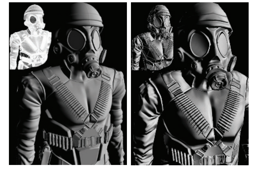 图19.27:左侧的原始模型由150万个三角形组成。右侧的模型只有1100个三角形,其原始的表面细节被存储为高度场纹理,并使用浮雕映射进行渲染。