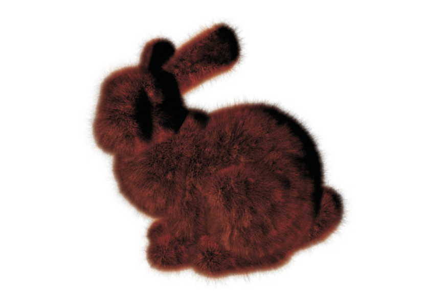 图19.28:从远处看,兔子的皮毛是使用体积纹理进行渲染的。当靠近兔子的时候,毛发会使用alpha混合的折线进行渲染。当非常靠近兔子的时候,沿着silhouette边缘的皮毛,会生成几何鳍片并进行渲染。